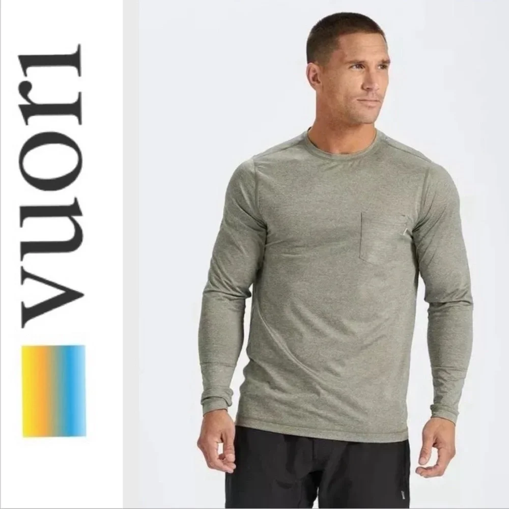 VUORI Army Green Tradewind Long Sleeve Crewneck T-Shirt w/ Pocket Men's Small